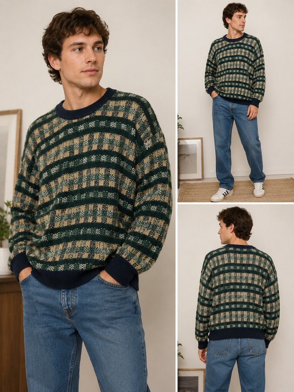 Vintage Hill & Archer Men’s Large Ramie Cotton Textured Knit Crewneck Sweater